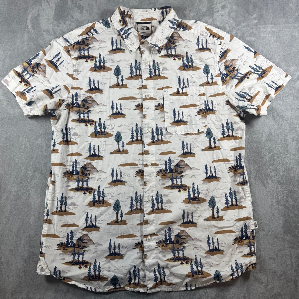 The North Face Mens Large Camping Forest Print Short Sleeve Button Down Shirt